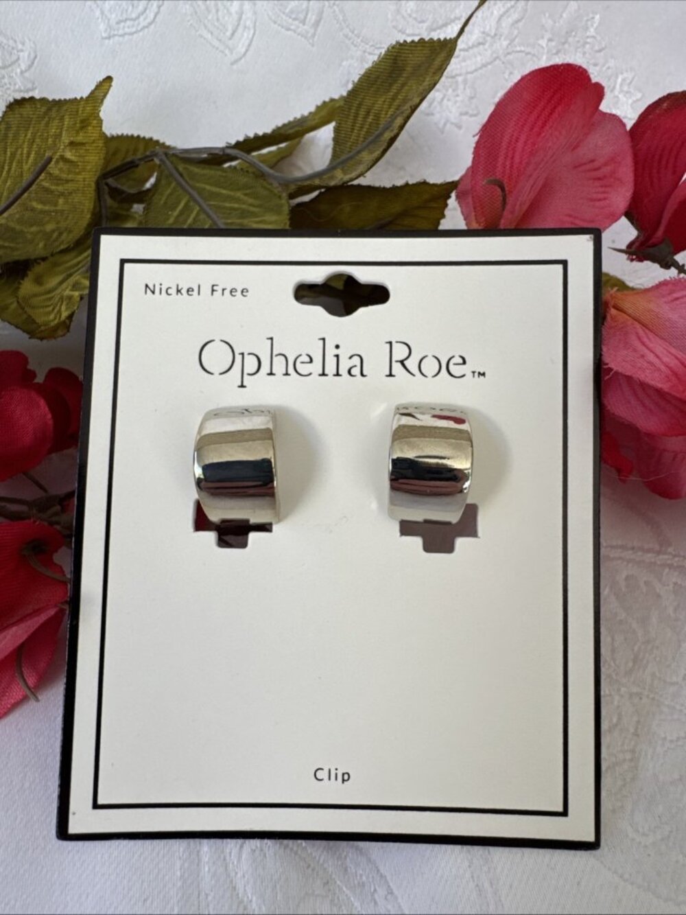 Ophelia Roe SIlver Tone Wide Hoop Drop Earrings 1/2" Nickel Free Clip On NEW